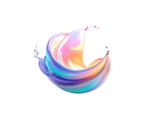 A stylized, swirling paint stroke in iridescent pastel colors on black