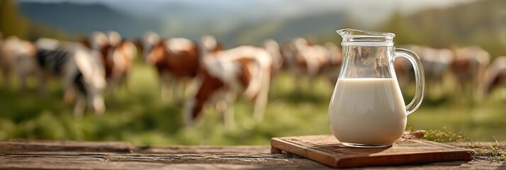A jug of fresh milk on the wooden surface is the main focus in front of a blurred herd of cows.