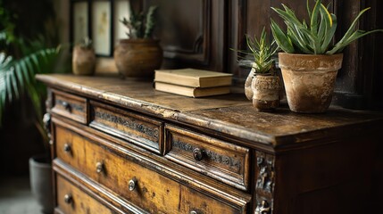 Vintage wooden dresser with ornate details in a room.