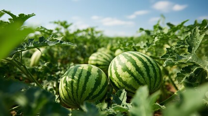 A pile of watermelons on the field at sunset.