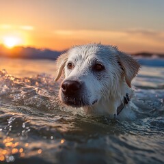 Dog swimming and fetching a stick.