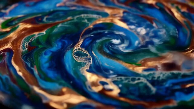 Color mixing with paint in a swirl pattern on a round surface using blue, green, and metallic colors at an art studio