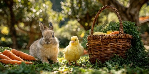 A rabbit , a chick , a basket and carrots.
