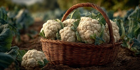 A basket full of cauliflower is shown in a lush green field.