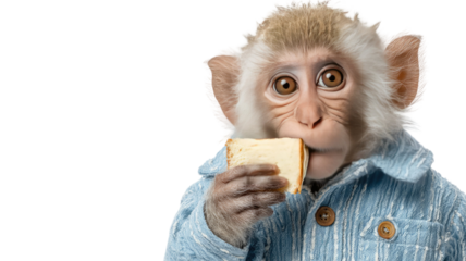 Cute monkey portrait wearing blue coat eating sandwich bread funny animal character studio shot isolated on white background