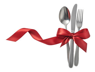 Cutlery Set with Red Ribbon Isolated on Background