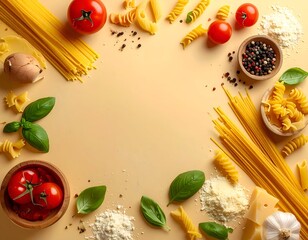 Assortment of pasta, tomatoes, basil, and ingredients on a beige surface