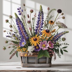 Rustic floral arrangement with purple, orange, pink, and white flowers in wooden basket