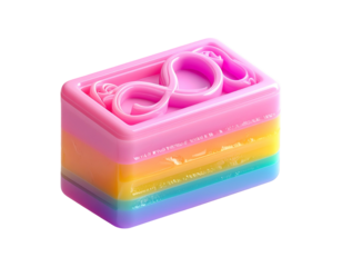 Colorful, layered block with raised swirl design, on black background