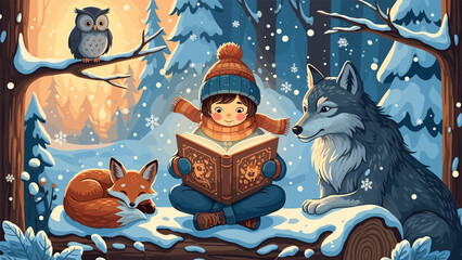 Naklejka premium Child reading storybook in magical winter forest with wolf, fox and owl animals, cozy snowy night background for Christmas and holiday storytelling.