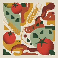 Abstract composition with tomatoes wheat and geometric shapes