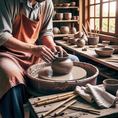 Man in apron working on pottery wheel with clay vase and tools