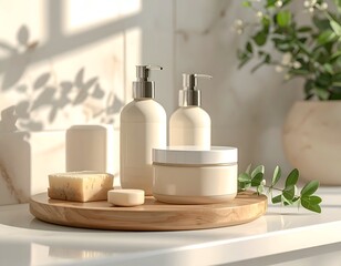 Bathroom shelf with skincare products and greenery in natural light