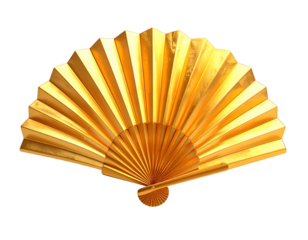 Elegant, golden, open folding fan with radiant textures against a black background