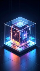 Futuristic digital cube glowing within a transparent enclosure