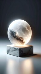 A glowing marble sphere rests on a marble block, emitting soft light