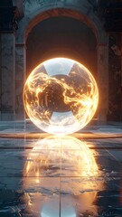 Glowing orb of energy floats in an opulent chamber, reflected below