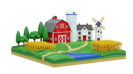 3D Farm Diorama with Barn, Silo, Windmill, and Wheat Field