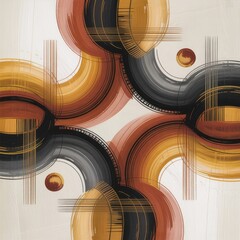 Abstract painting with black gray orange and yellow curved lines and circles