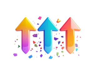 Three ascending gradient arrows with colorful debris on black background