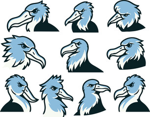 Naklejka premium Set of ten shoebill stork head mascots or logos in aggressive cartoon style on a transparent background