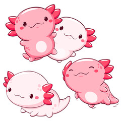 Set of axolotl in kawaii style. Lovely axolotl baby in different poses. Cute axolotl expression sheet collection. Can be used for t-shirt print, sticker, greeting card. Vector illustration EPS8
