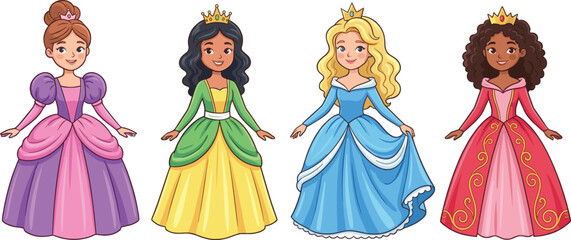 Naklejka premium Set of cute little princesses in beautiful ball gowns, diverse girls wearing gold crowns, fairytale royal characters collection isolated vector illustration for kids
