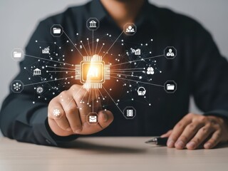Businessman interacting with Artificial Intelligence AI chip and data network