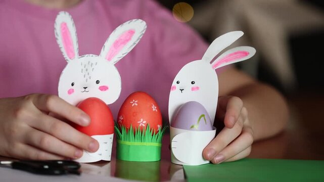 Children's craft: Easter egg stands in shape of rabbits and grass. kids odd job diy Easter bunny