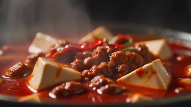 Steaming hot mapo tofu simmering in a spicy chili sauce a classic sichuan cuisine dish close-up