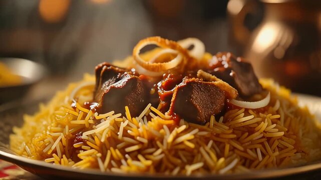 Authentic arabic mandi or indian biryani rice dish served hot with tender meat fragrant saffron rice and crispy onion garnish in a warm low-light setting.