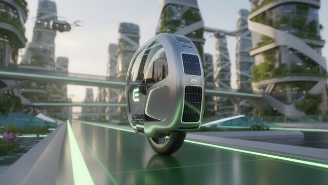 Futuristic urban scene featuring an innovative self-balancing vehicle within a sustainable smart