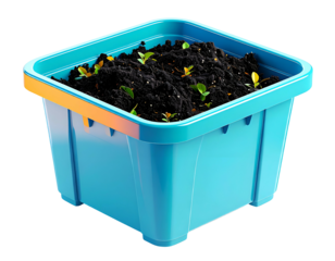 A square blue planter filled with dark soil and small green sprouts