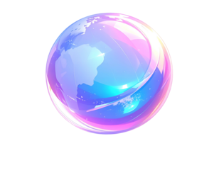A luminous, transparent sphere featuring a stylized globe graphic