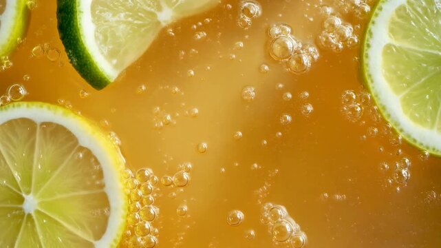 Close-up of sparkling beverage with lemon and lime slices and effervescent bubbles