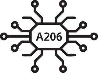 Futuristic microchip processor icon with connections and alphanumeric code a206 technology concept