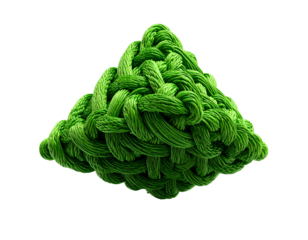 3D rendered green fibrous structure, tightly woven, floating against black