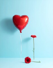 Red rose in a heart shape vase with festive balloons for a happy Valentine's Day celebration of love and romance on a holiday gift card vector illustration