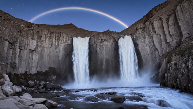 A Waterfall Under the Midnight Sun, Illuminated by a Rare Silver Lunar Rainbow