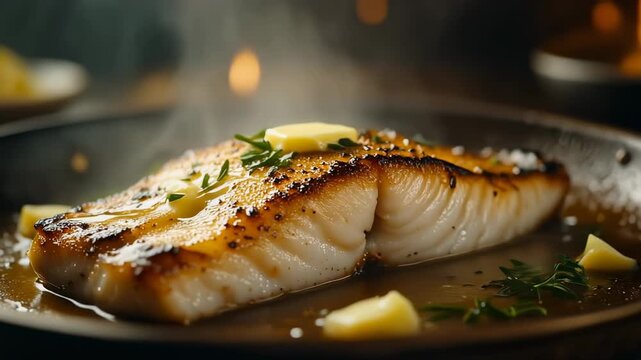 Seared fish fillet cooking in a pan with melting butter fresh herbs and dramatic steam
