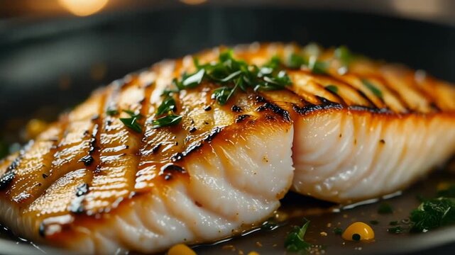 Grilled white fish fillet glistening with savory glaze and fresh parsley on a dark plate