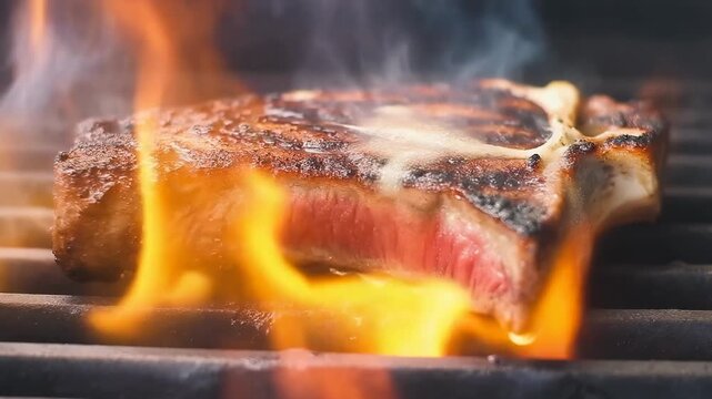 Close-up of a juicy t-bone steak cooking on a hot barbecue grill with rising flames and smoke showcasing a perfect medium-rare doneness