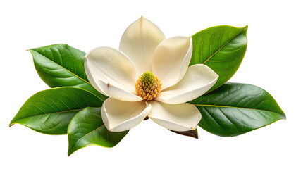 Close-Up Magnolia Flower With Green Leaves Isolated Against Black Background