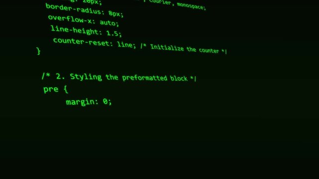 Matrix-inspired green CSS and HTML code scrolling vertically on a solid black background.