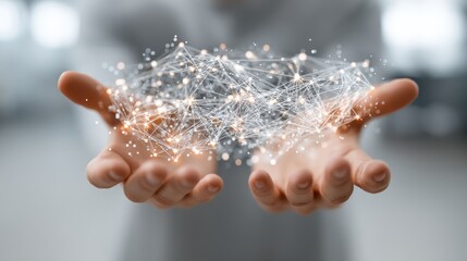 A data scientist gestures over a holographic display in a modern tech environment.