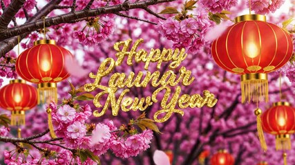 A happy lunar new year greeting card with pink blossoms and red lanterns in the background