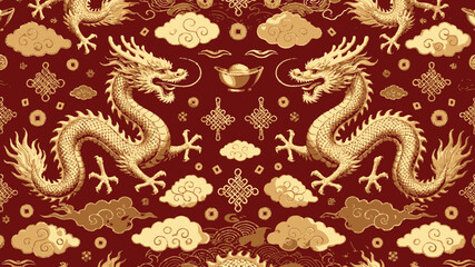 Obraz premium Golden dragons and clouds on red background with chinese elements seamless pattern with chinese dragon and chinese art and asian inspired and luxury texture
