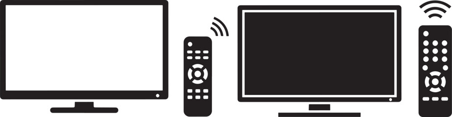 Black flat screen television and remote control icon set with wireless signal symbol, vector illustration isolated on white background.