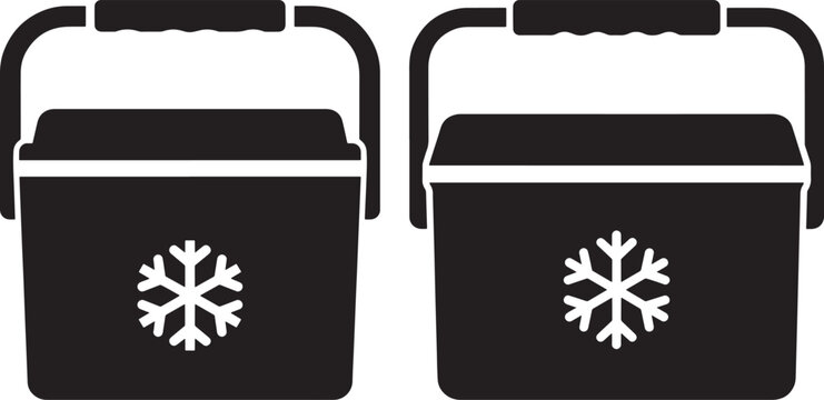 Portable cooler box icons with handle and snowflake symbol for camping and outdoor activities, vector illustration on white background.