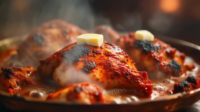 Steaming spicy tandoori chicken pieces simmering in rich red curry sauce with melting butter